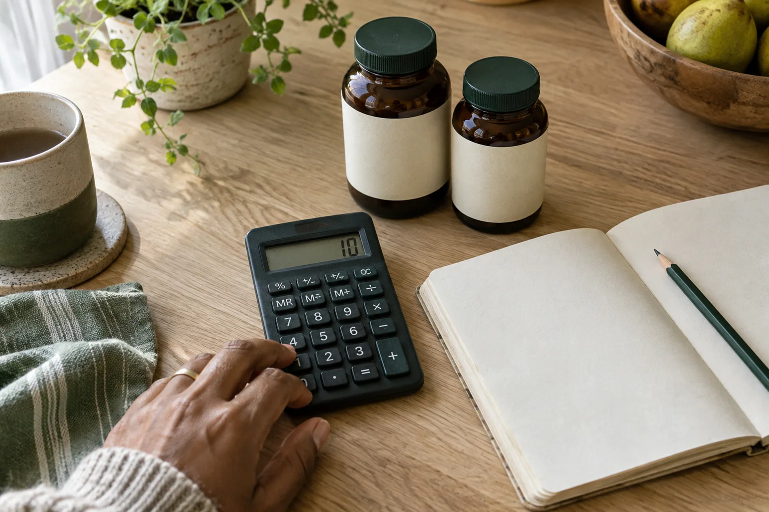 Dos frascos genéricos junto a una calculadora y una libreta para comparar el costo por porción.