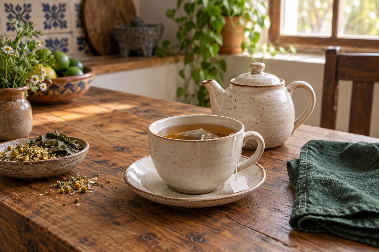 Taza de cerámica con una infusión y un sobre, junto a una tetera sobre una mesa de madera.