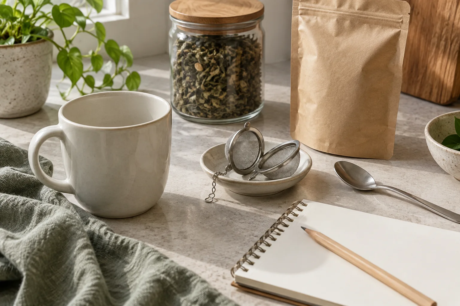 Taza vacía, infusor de malla abierto, cuchara y libreta sobre una cubierta clara de cocina.
